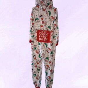 PatPat women's all over santa faces onesies pj pajamas in white, red and green L